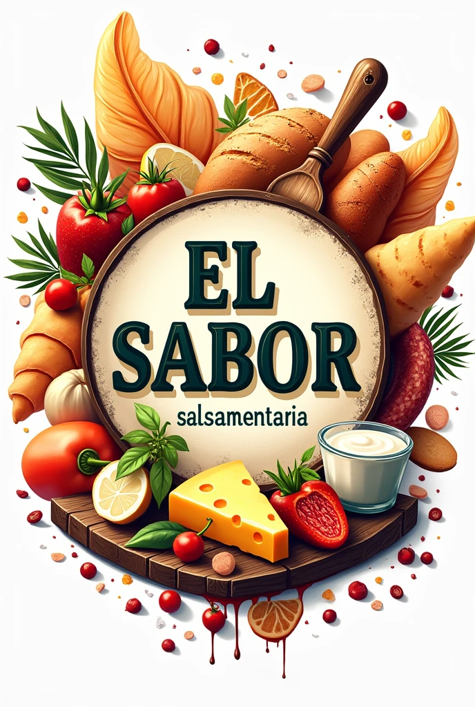 The image is a logo with a striking and colorful design. In the center of the logo, the name stands out *"El Sabor Salsamentaria and Warehouse"* respecting how the name begins in a large, modern font. The text is prominent, with a style that combines the traditional with the contemporary. Surrounding the central text, There are various visual elements that represent food products such as cheese., fast food breads, yogurts and sausage. These elements are arranged in a balanced manner., forming a frame that emphasizes the culinary theme of the logo. slogan come to have the pleasure of serving you that is realistic bright colors