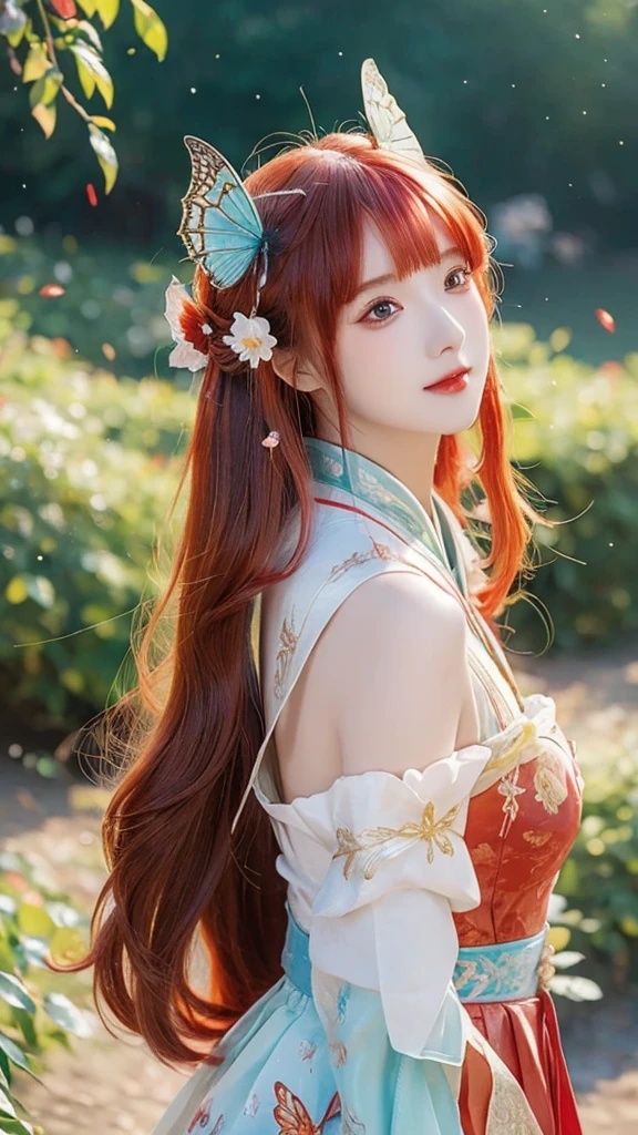 anime girl with red hair and a red dress with a butterfly in her hair, 8k high quality detailed art, 8k)), palace ， a girl in hanfu, by Fan Qi, beautiful digital artwork, a beautiful artwork illustration, by Li Song, 4k highly detailed digital art, chinese style, inspired by Ai Xuan, by Yang J