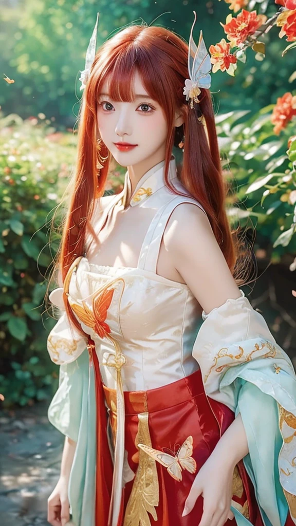 anime girl with red hair and a red dress with a butterfly in her hair, 8k high quality detailed art, 8k)), palace , a girl in hanfu, by Fan Qi, beautiful digital artwork, a beautiful artwork illustration, by Li Song, 4k highly detailed digital art, chinese style, inspired by Ai Xuan, by Yang J