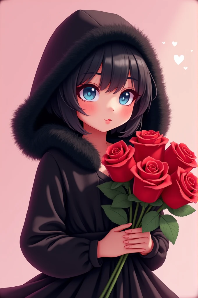 make a youtube profile picture of an animated roblox girl with black hair winking and with a black fur hood and a black dress and a red rose bouquet with light pink background and blue eyes