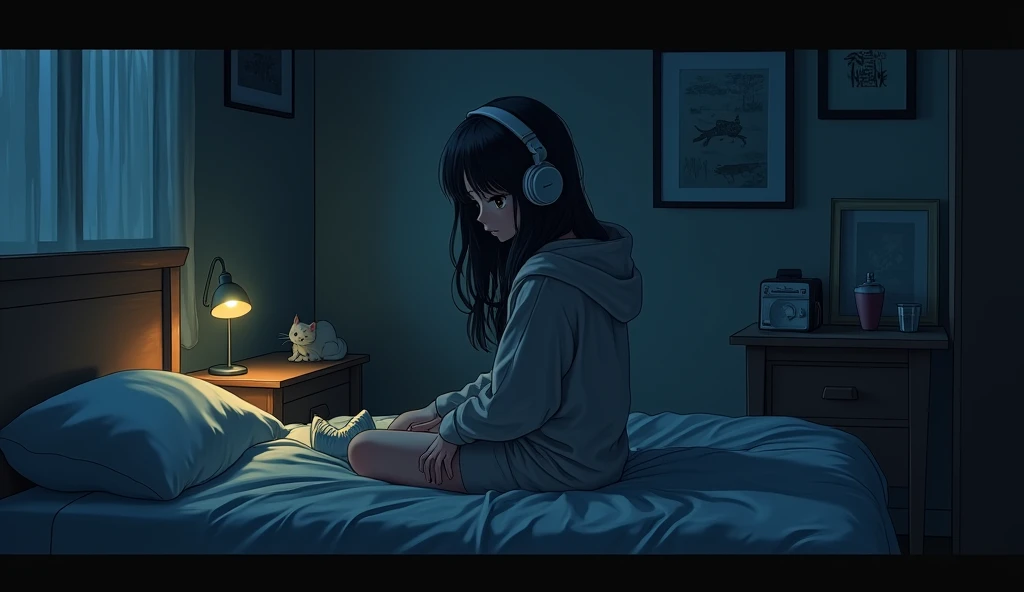 8k、night、dim、high school girl、Mature、long hair、Hooded sweatshirt、Using headphones、bed、Cat、 2D-style animation, Lo-Fi、Retro、アニメ調An illustration、An illustration