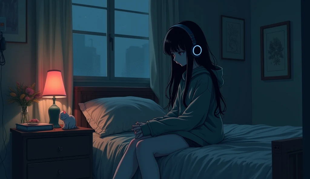 Quarto, dormir, janela, noite, um computador, fone de ouvido, chuunibyou, 1 garota em, Olhos de peixe, cabelo muito comprido,dia chuvoso