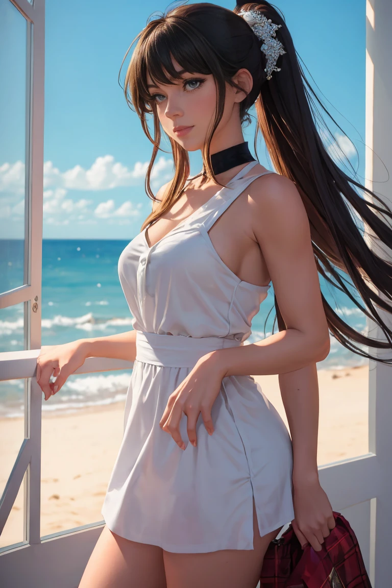 (masterpiece, best quality, beautiful anime art:1.4), 1girl:1.5, solo_focus, sunset, cloud, twilight, orange sky, cityscape, cloudy sky, sunglasses, city, sky, gradient sky, sun, ocean, rating:safe, evening, dusk, skyline, mountainous horizon, horizon, mountain, watercraft, scenery, building, jewelry, ship, adjusting eyewear, skyscraper, necklace, long hair, bridge, sunrise, town, lighthouse, fire, blonde hair, river, boat, water, castle, city lights, red sky, outdoors, dock, lake, warship, solo, beach, pier, purple sky, tower, wind, dress, high heels, shore, reflection, house, railing, palm tree, smile, seagull, rooftop, landscape, road, ruins, eyewear on head, breasts, cinematic light, (sharp focus:1.6), highly detailed, ultra realistic, 8k