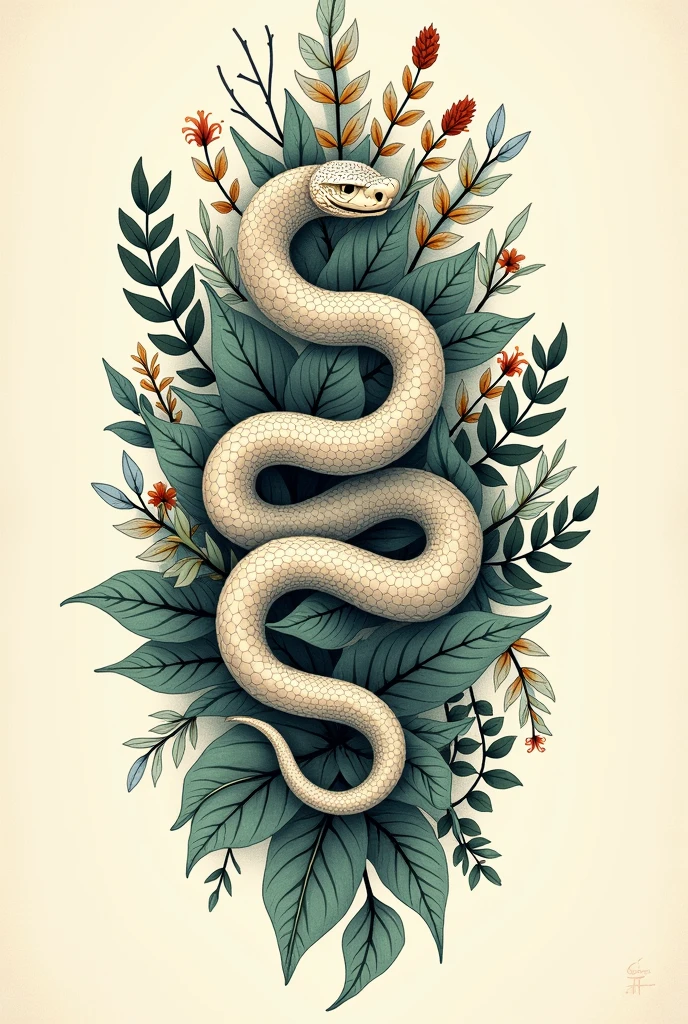 Botanical tattoo design of approx 20 cm with two simple snakes in between