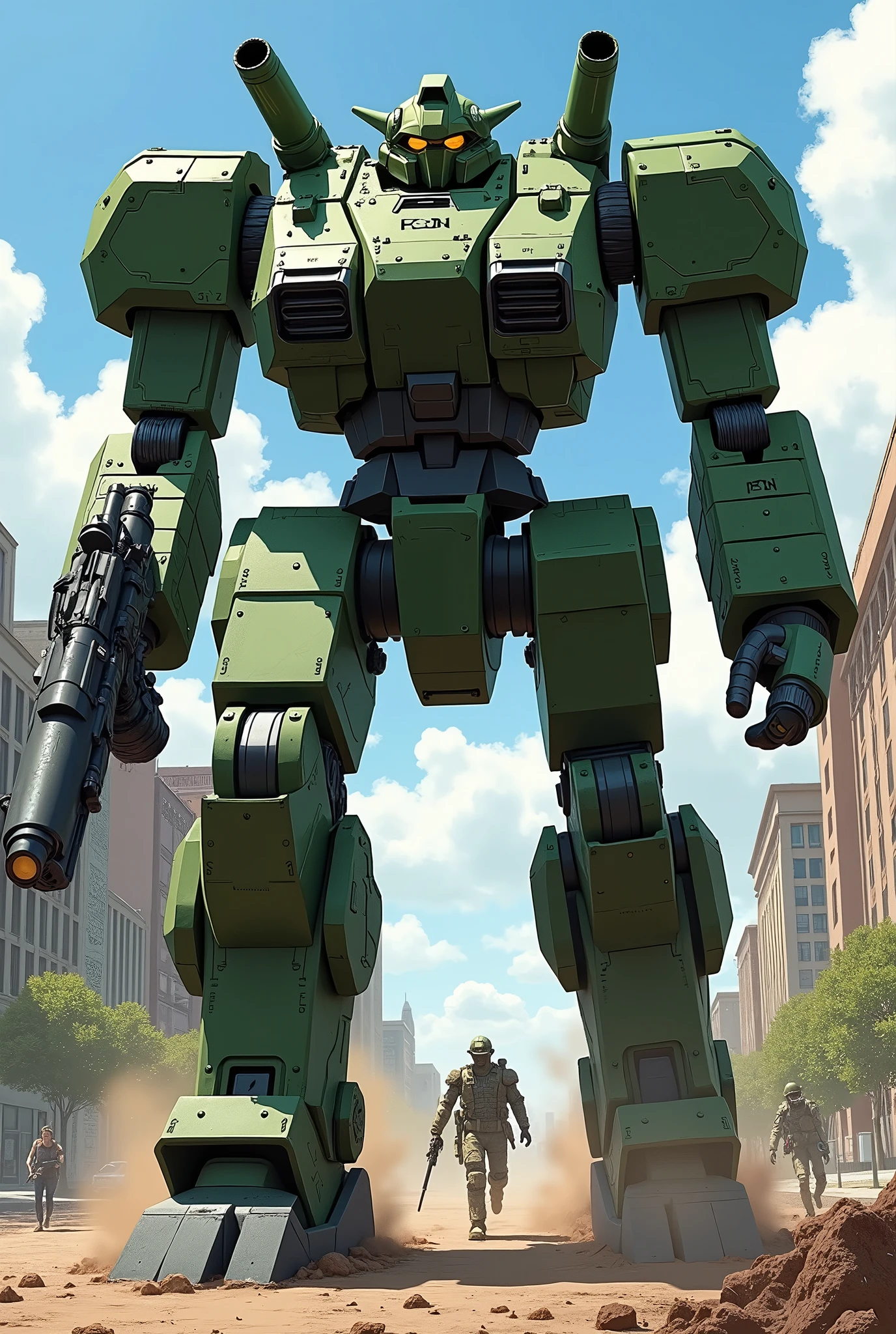 green multicamo military robot, U.S. Military-issue, real robot, mecha, piloted vehicle, inspired by Mobile Suit Gundam, tank-threads on the feet, (holding a machine gun:1.2), shoulder-mounted hellfire missile podes, battle action pose, perspective, cowboy shot, walking, 12 tool tall, Denver, daytime, (people running for their lives:1.2), war atmosphere.