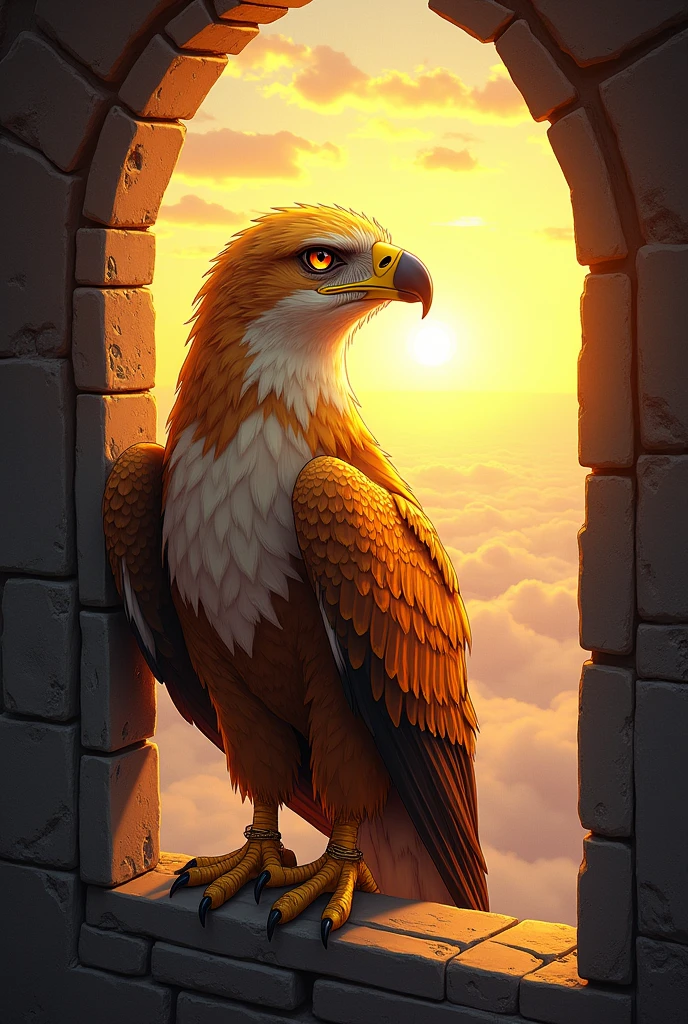 A young tame eagle named Aurora, of golden feathers, in a high window of the tower. Soft light emanates from its feathers, iluminando o ambiente ao redor. She is looking at the horizon with a melancholic look, longing for the freedom that lies beyond the tower walls., I want vibrant and very eye-catching colors, comic book style.