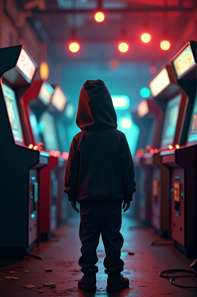 Boy with his back turned in a hooded arcade at night