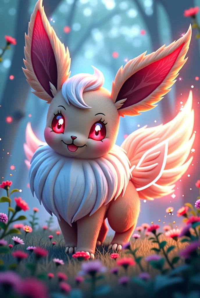 fairytale Pokémon Eevee white hair and red with with electric light effects of there eyes 

