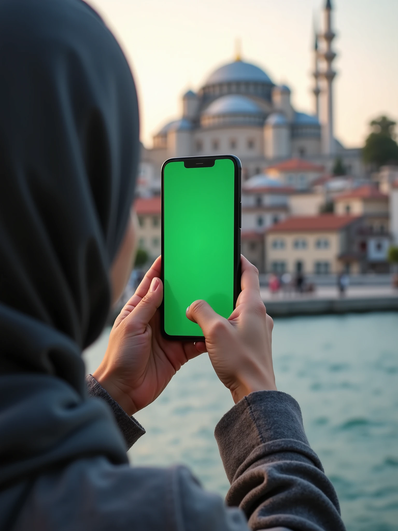 a hijabi girl taking his hands photo while she have phone on his hand in istanbul famuse plases. Show only her hand and phone. Phone while screan is sholud be grean only Realistik 4k.