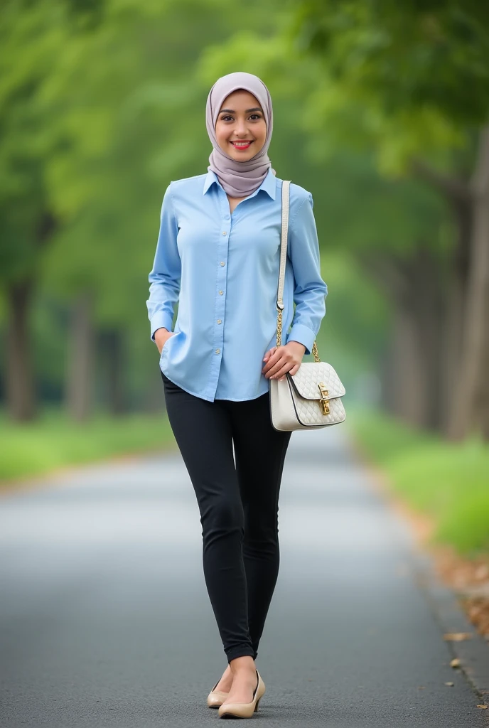 A young Arabic woman in a hijab, wearing a light blue shirt, black leggings, and a white purse, light brown shoes is standing facing the viewer on the paved road. ((Full Body Professional Gemoy)) The woman was smiling and the background was a blurry image of trees and grass. The style is realistic and the images are sharp and well-lit.