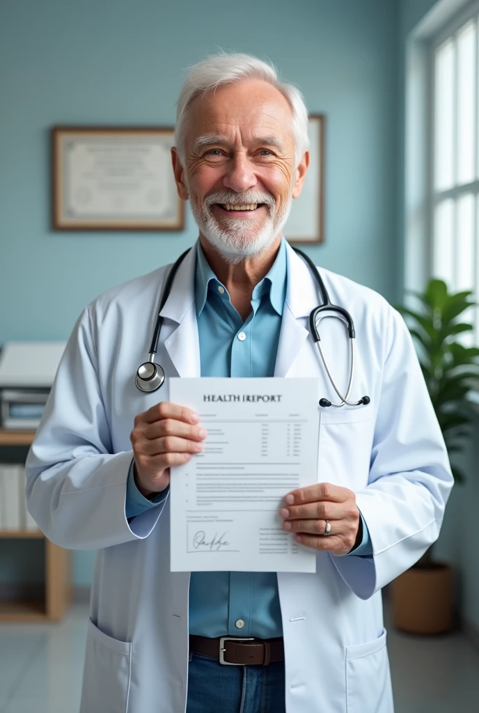 An elderly doctor in a clinic, smiling and holding a health report