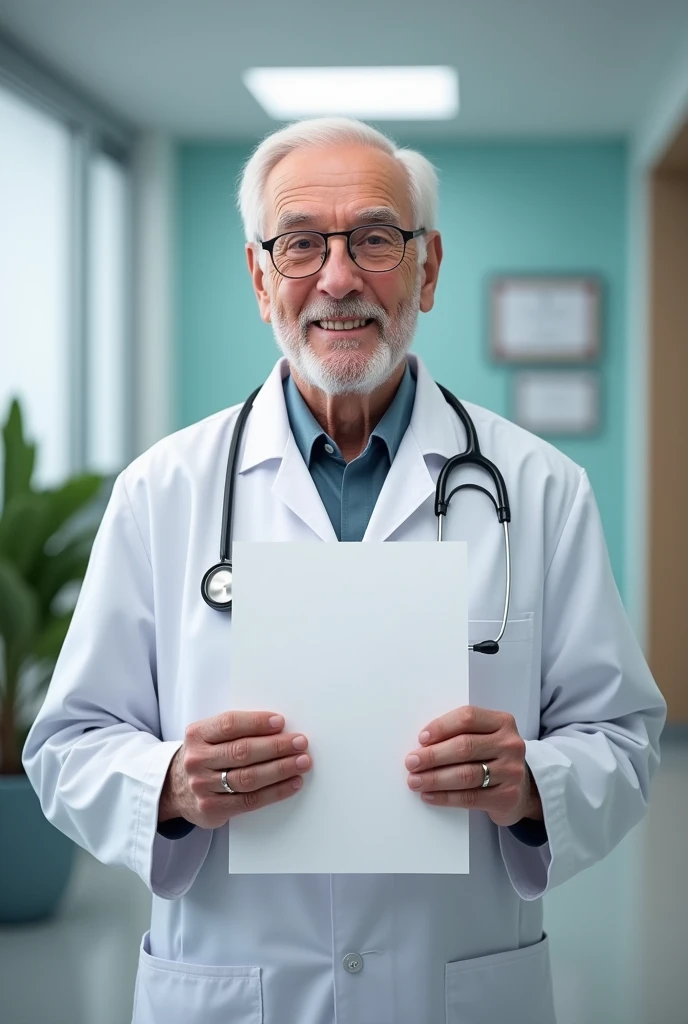 An elderly doctor in a clinic, smiling and holding a health report