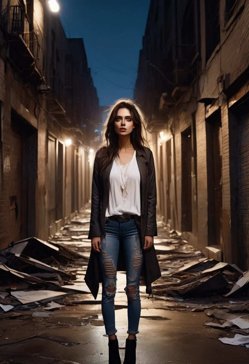 (good quality), (many details), (masterpiece), young woman, worn, torn clothes, wild brown hair, torn jeans, old shirt (broken), at night, in an alley, modern city, vampire, third eye awakes, eye on forehead, third eye, three eyes