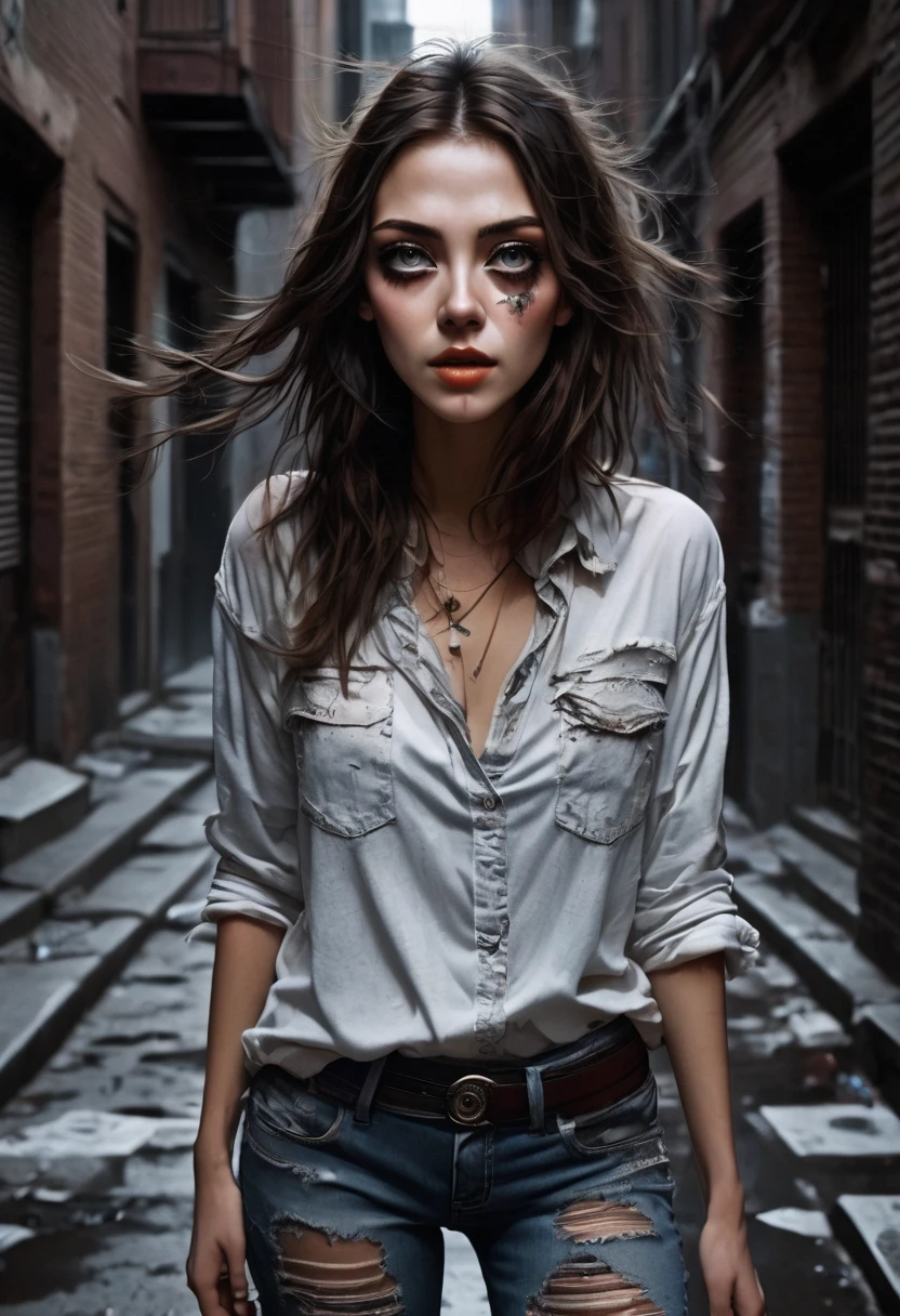 (good quality), (many details), (masterpiece), young woman, worn, torn clothes, wild brown hair, torn jeans, old shirt (broken), at night, in an alley, modern city, vampire, third eye awakes, eye on forehead, third eye, three eyes