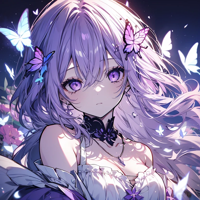 1 girl、Mature、Ample breasts、Long Hair、pale purple hair、Light color、Fleeting、sleepy、Pale-colored flowers、Purple butterfly、Shoulder Bare、necklace、dress、Eternal sleep、dream、High resolution、Highest quality