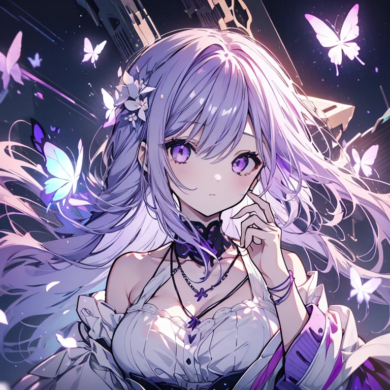 1 girl、Mature、Ample breasts、Long Hair、pale purple hair、Light color、Fleeting、sleepy、Pale-colored flowers、Purple butterfly、Shoulder Bare、necklace、dress、Eternal sleep、dream、High resolution、Highest quality