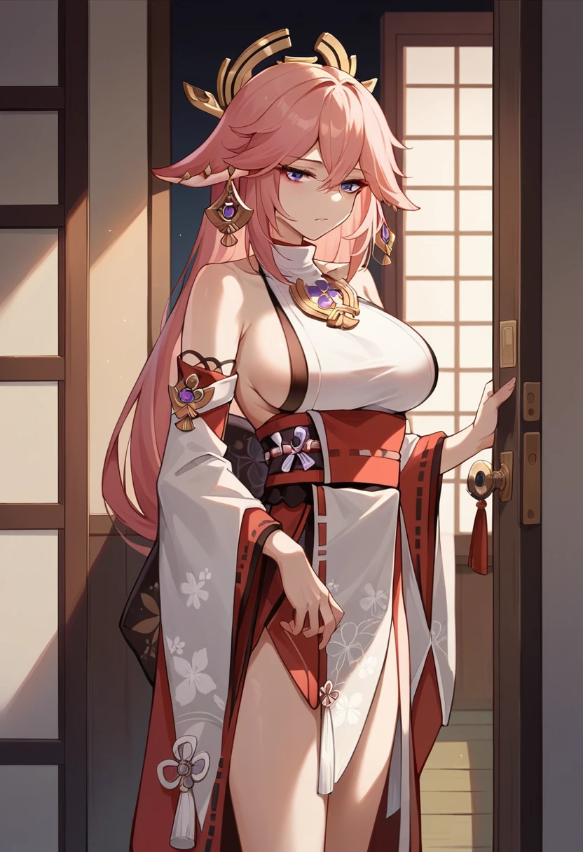 1 girl, Yae Miko, Genshin Impact, kimono, standing, nighttime, open door, tired facial expression, side boob, large breasts, answering the door