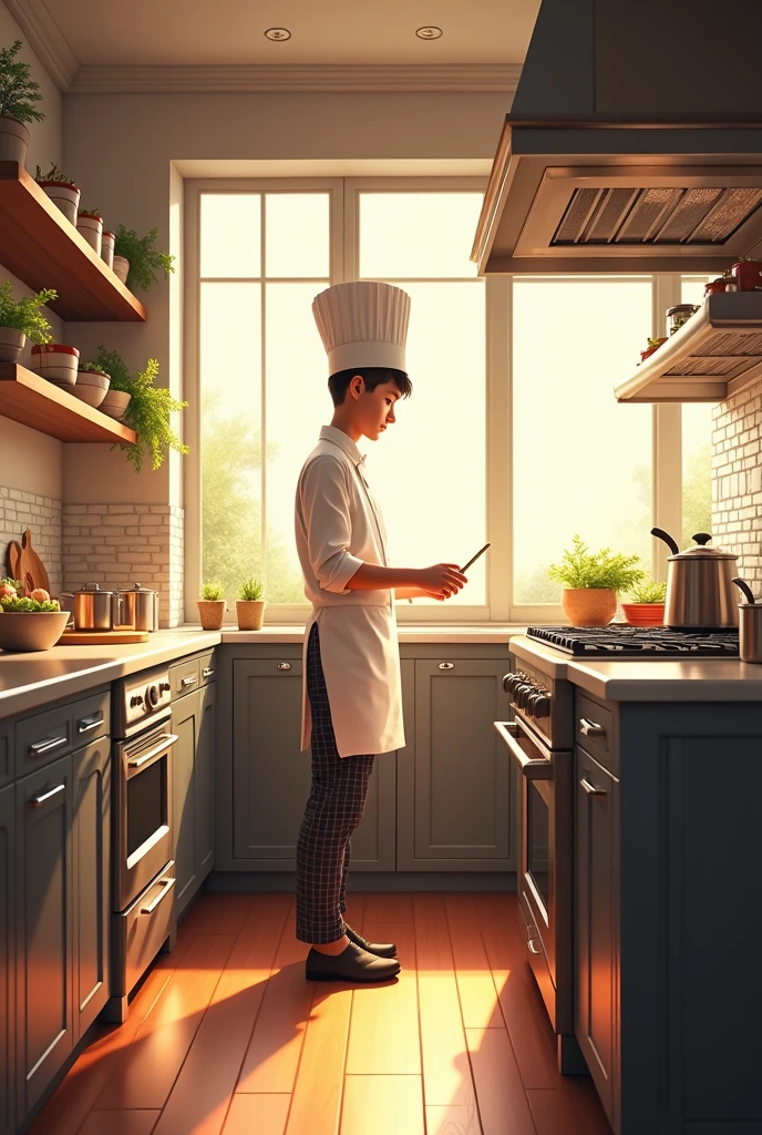 A boy standing in a kitchen and cooking food . the kitchen is very beautiful  . the boy is wearing  a chef      cloths and hat .the boy is very beautiful