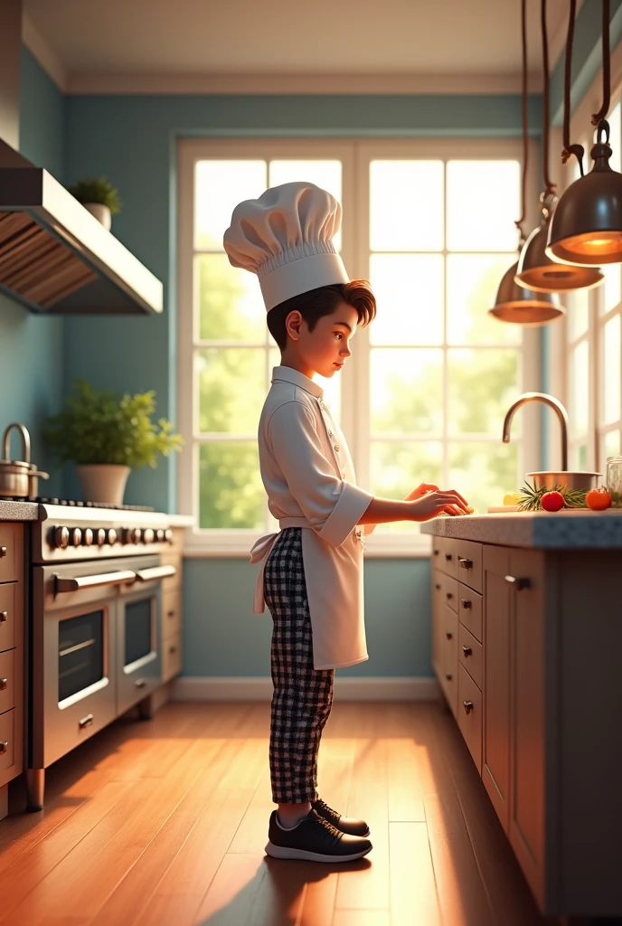 A boy standing in a kitchen and cooking food . the kitchen is very beautiful . the boy is wearing a chef cloths and hat .the boy is very beautiful