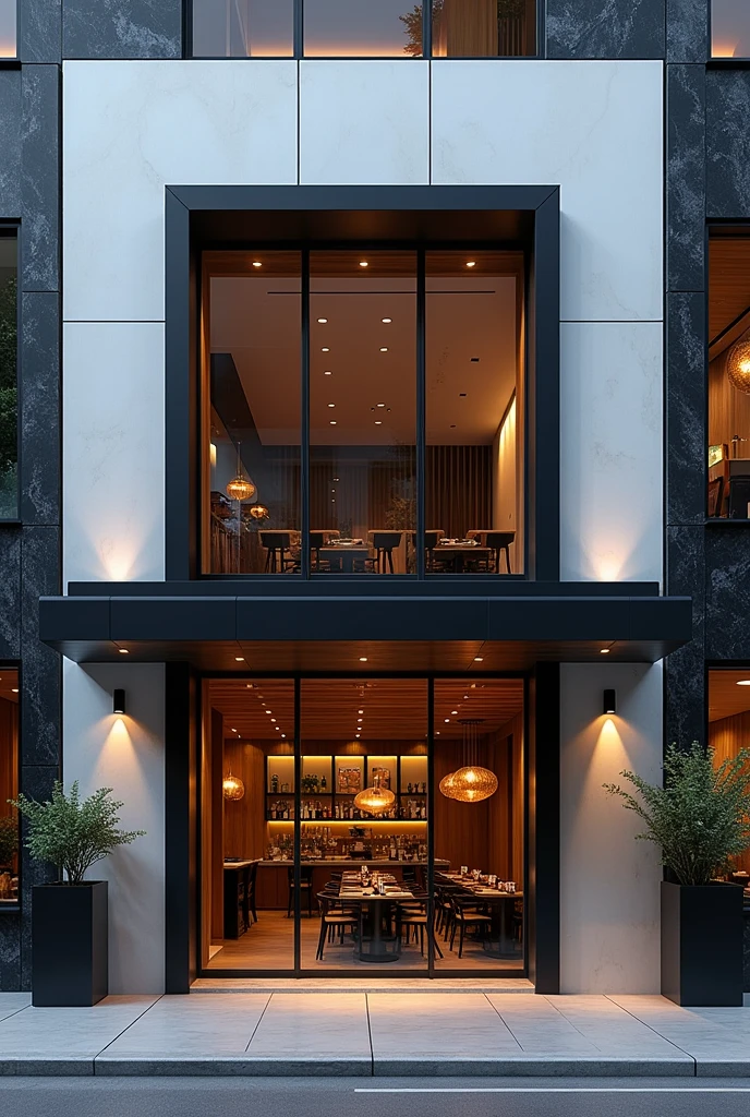 Restuarant facade architecture , a view of 4th floors resturant facade with larg window , main material by glossy white wall and black stone and wood, RAW photo, real, best quality, masterpiece:1.2), look morden minimalist , shime ring light, light brighteness from indoor:1.2, dynamic lighting: 1.3, (hyper realistic, photo-realistic:1.2), high quality, day lighht, hight contrast :0.5 perfect lighting, archdaily, award winning contemporary, contemporary masterpiece, well-designed masterpiece,