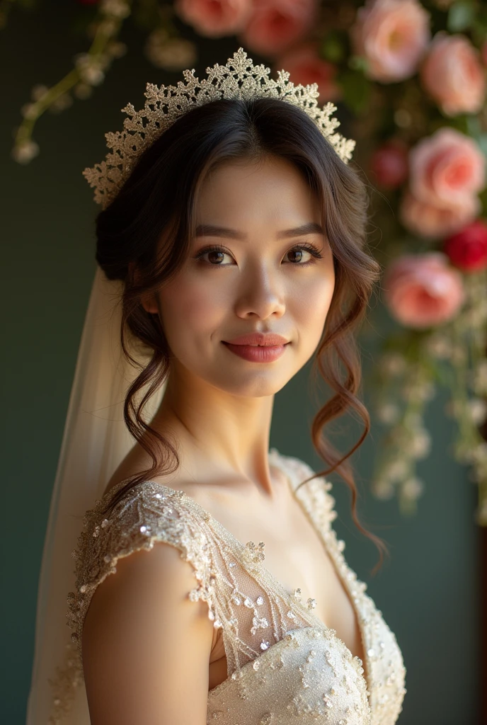 photograph full body, beautiful bride, Thai woman 30 years old, brown Curly hair, Elegant silk fabric shiny and sparkling. Lace Headscarf , Stand facing forward. flower background.