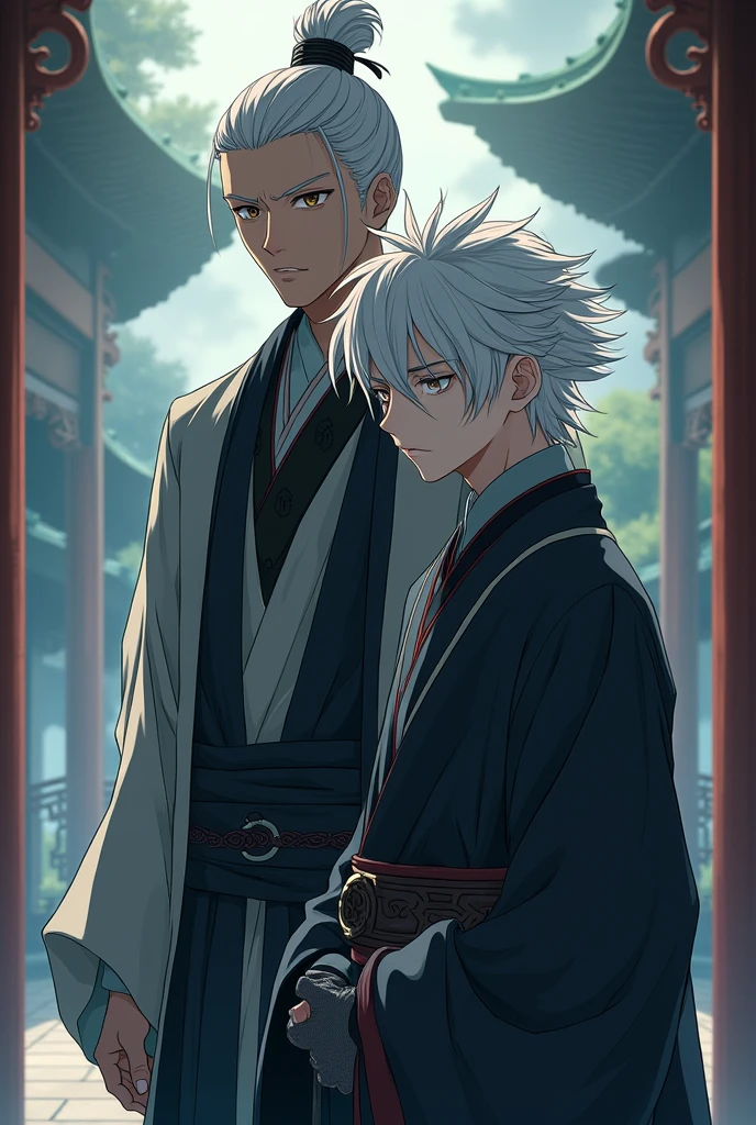 Create an image of two Chinese historical anime male characters, a cold person, The exorcist was looking at a platinum-haired man from behind.