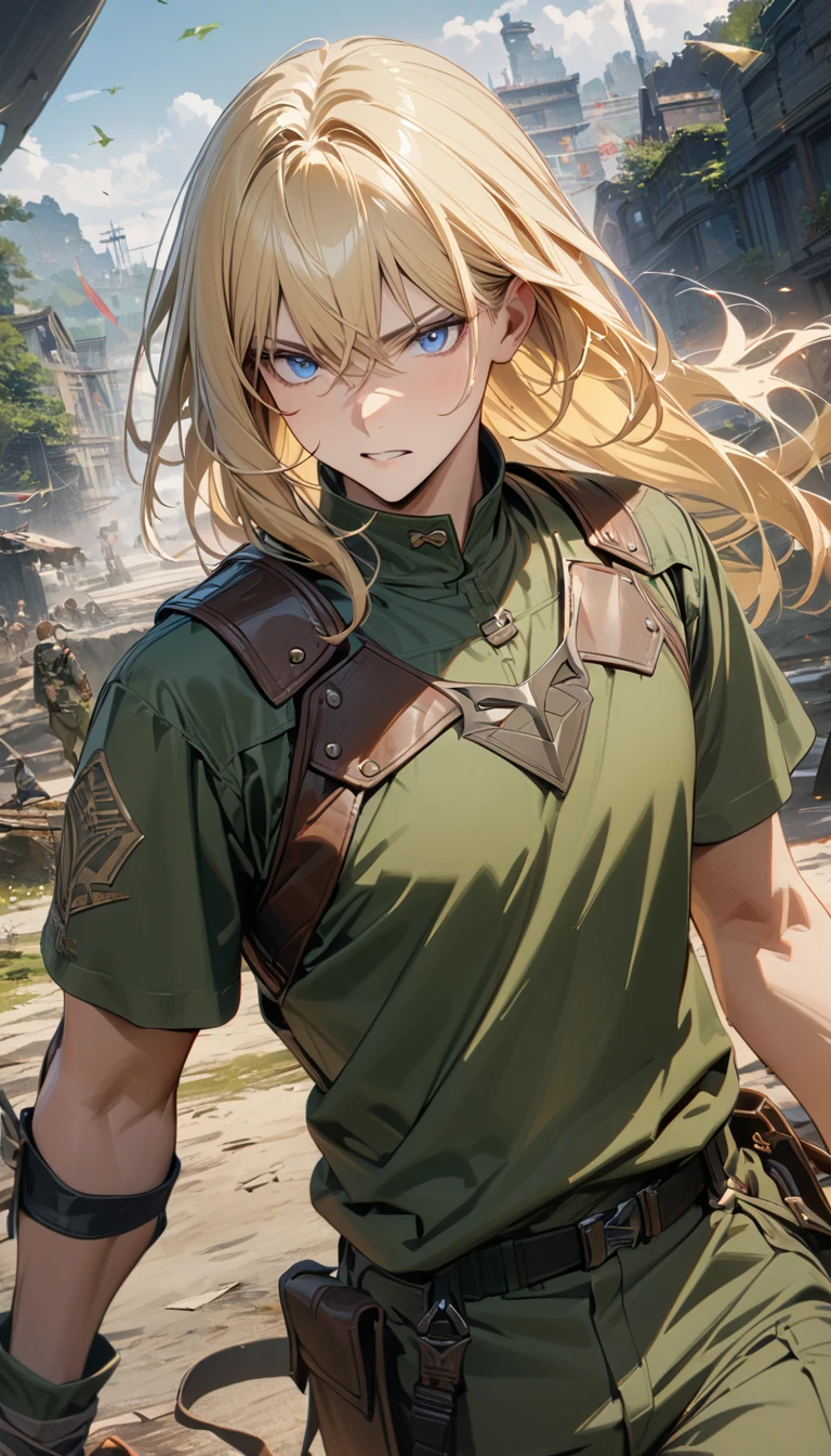 adult guy, long blonde hair, blue eyes, green archer shirt, ranger green pants, leather armor, battle bow, Masterpiece, best quality, Full HD, 8k, ultra details, great graphic