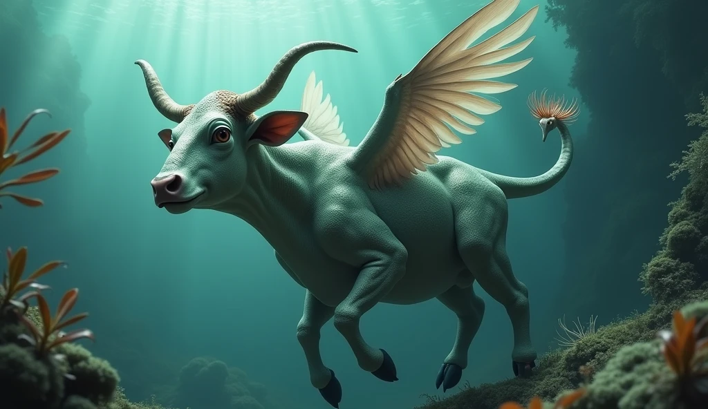 There is a creature underwatesh body with cow head and snake tail,Wings growing from the ribs(best quality,4K,8k,High level,masterpiece:1.2),Ultra Detailed,(lifelike,Photo real,Photo real:1.37)