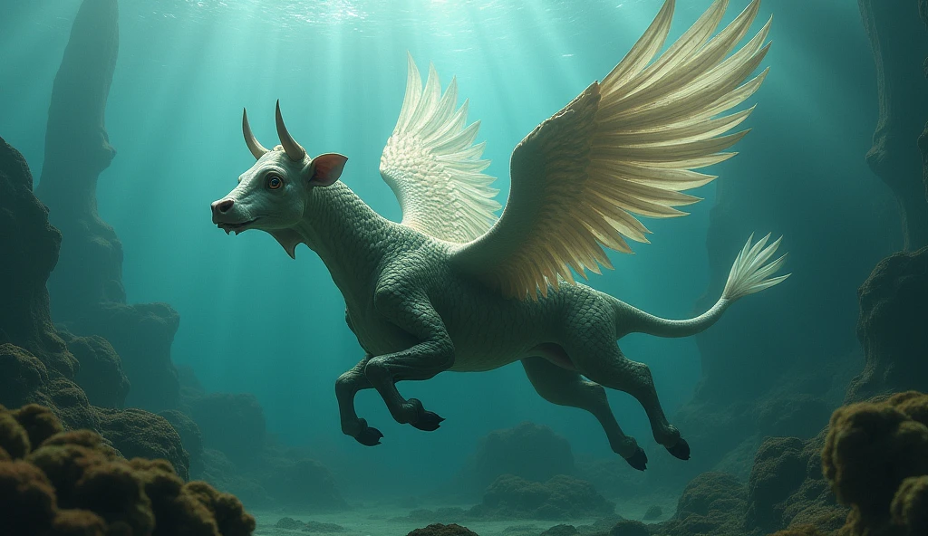 There is a creature underwatesh body with cow head and snake tail，Wings growing from the ribs（best quality，4K，8k，High level，masterpiece：1.2），Ultra Detailed，（lifelike，Photo real，Photo real：1.37）