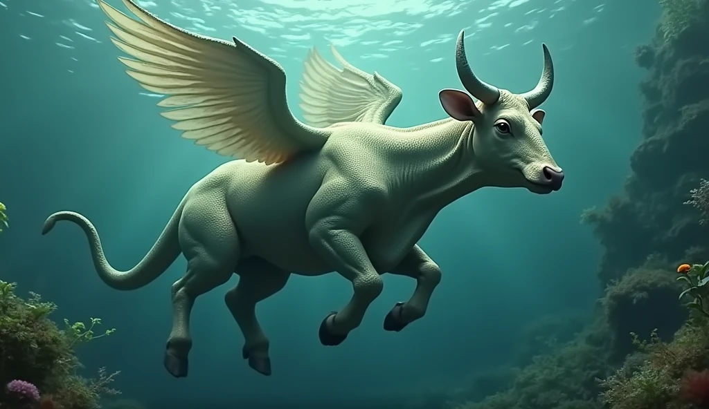 There is a creature underwatesh body with cow head and snake tail,Wings growing from the ribs(best quality,4K,8k,High level,masterpiece:1.2),Ultra Detailed,(lifelike,Photo real,Photo real:1.37)