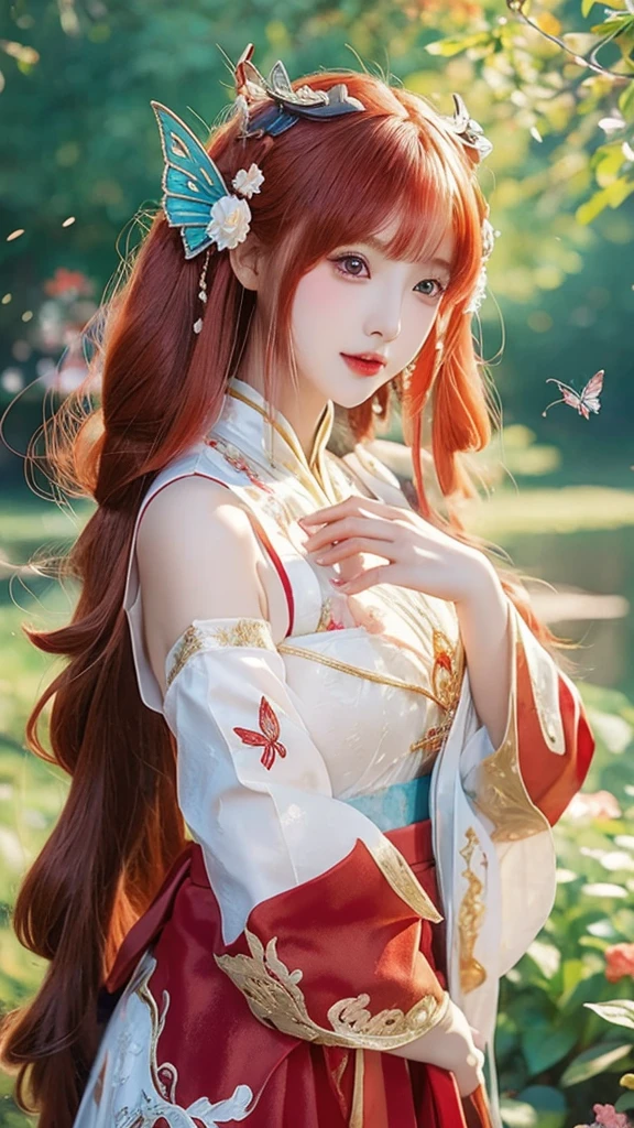 anime girl with red hair and a red dress with a butterfly in her hair, 8k high quality detailed art, 8k)), palace ， a girl in hanfu, by Fan Qi, beautiful digital artwork, a beautiful artwork illustration, by Li Song, 4k highly detailed digital art, chinese style, inspired by Ai Xuan, by Yang J