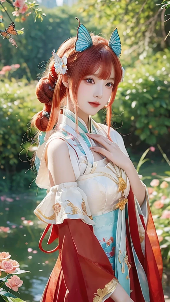 anime girl with red hair and a red dress with a butterfly in her hair, 8k high quality detailed art, 8k)), palace , a girl in hanfu, by Fan Qi, beautiful digital artwork, a beautiful artwork illustration, by Li Song, 4k highly detailed digital art, chinese style, inspired by Ai Xuan, by Yang J