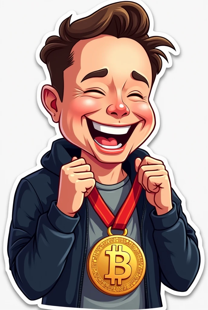 Vector image sticker art of Elon Musk biting Bitcoin medal like Olympic winner medal over his neck happy smile cartoonistic realistic