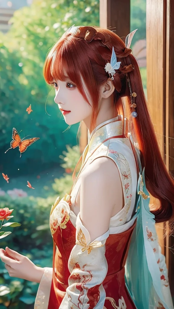 anime girl with red hair and a red dress with a butterfly in her hair, 8k high quality detailed art, 8k)), palace ， a girl in hanfu, by Fan Qi, beautiful digital artwork, a beautiful artwork illustration, by Li Song, 4k highly detailed digital art, chinese style, inspired by Ai Xuan, by Yang J