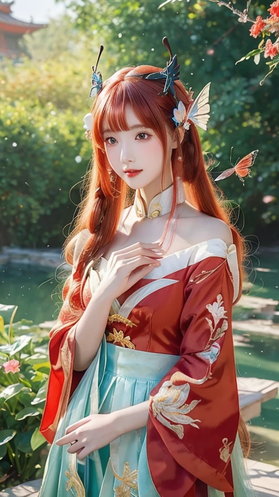 anime girl with red hair and a red dress with a butterfly in her hair, 8k high quality detailed art, 8k)), palace , a girl in hanfu, by Fan Qi, beautiful digital artwork, a beautiful artwork illustration, by Li Song, 4k highly detailed digital art, chinese style, inspired by Ai Xuan, by Yang J