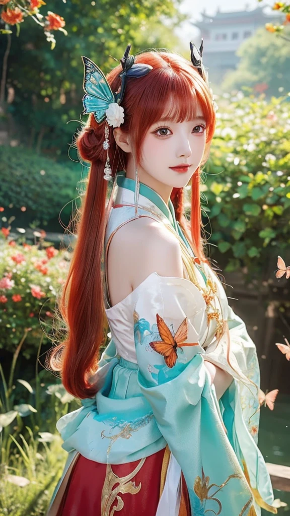 anime girl with red hair and a red dress with a butterfly in her hair, 8k high quality detailed art, 8k)), palace ， a girl in hanfu, by Fan Qi, beautiful digital artwork, a beautiful artwork illustration, by Li Song, 4k highly detailed digital art, chinese style, inspired by Ai Xuan, by Yang J