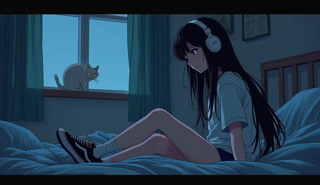 8k、night、dim、high school girl、Mature、long hair、Wearing trainers、Using headphones、bed、Cat、 2D-style animation, Lo-Fi、Retro、アニメ調An illustration、An illustration
