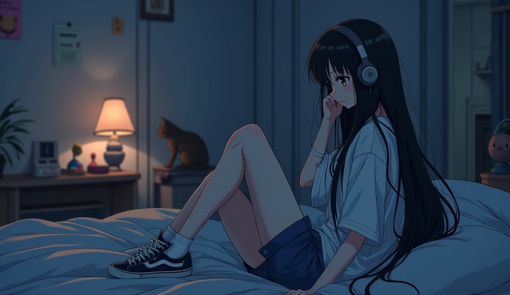 8k、night、dim、high school girl、Mature、long hair、Wearing trainers、Using headphones、bed、Cat、 2D-style animation, Lo-Fi、Retro、アニメ調An illustration、An illustration