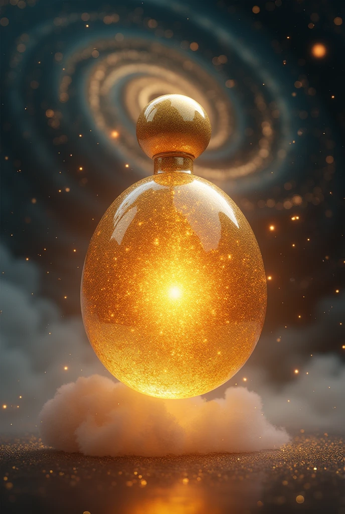 A perfume with a golden egg, floating in the center of a starry universe, with rays of light emanating from its surface. The background should have a spiral galaxy, representing the infinite creative potential and the beginning of everything.