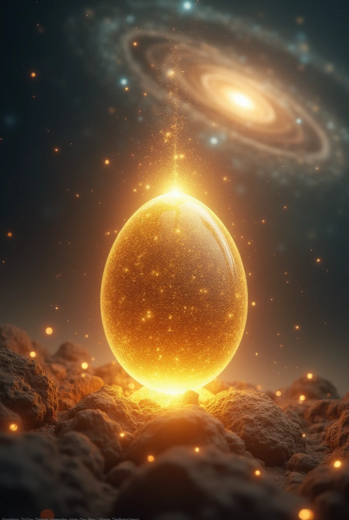 A perfume with a golden egg, floating in the center of a starry universe, with rays of light emanating from its surface. The background should have a spiral galaxy, representing the infinite creative potential and the beginning of everything.