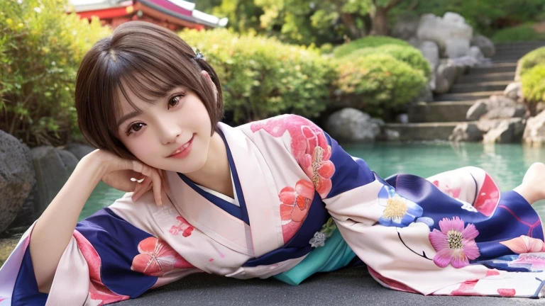 (8k, RAW Photos, Highest quality:1.2), (reality, reality的:1.4), (非常に詳細な8kwallpaper)、Sharp focus, Cinema Lighting, Beautiful eyes in every detail, Asymmetrical bangs, Glowing Skin, Highly detailed skin ,High resolution, Attention to detail, Detailed hairstyle, Ultra detailed face, Detailed lips, Hyper Real, Perfect limbs, Perfect Anatomy ,1 Japanese girl,Famous idols of Japan, Perfect female body,smile,short eyelashes,double eyelid、Look straight here,, whole body ,Tabletop、wallpaper、reality的、Bright lighting、Professional Lighting、Face Light Smooth Lighting、Beautiful woman、action、gravure、Sexy、so beautiful、Beautiful Skin、slim、((short hair))、((Brunette Hair))、Brown eyes、Looking into the camera、Small Bust、Pretty face,, smile, Hot spring background for hot spring inn, 超High resolution, Backlight, Top-down angle、Accurate 5 fingers, software , Bony body, Messy Hair,(High-quality yukata in vibrant colors:1.3), (Gorgeous embroidered kimono:1.u can see the torii gate.)、(Sitting on a rock in the garden)、Pull out