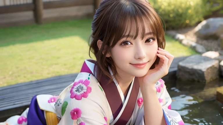 (8k, RAW Photos, Highest quality:1.2), (reality, reality的:1.4), (非常に詳細な8kwallpaper)、Sharp focus, Cinema Lighting, Beautiful eyes in every detail, Asymmetrical bangs, Glowing Skin, Highly detailed skin ,High resolution, Attention to detail, Detailed hairstyle, Ultra detailed face, Detailed lips, Hyper Real, Perfect limbs, Perfect Anatomy ,1 Japanese girl,Famous idols of Japan, Perfect female body,smile,short eyelashes,double eyelid、Look straight here,, whole body ,Tabletop、wallpaper、reality的、Bright lighting、Professional Lighting、Face Light Smooth Lighting、Beautiful woman、action、gravure、Sexy、so beautiful、Beautiful Skin、slim、((short hair))、((Brunette Hair))、Brown eyes、Looking into the camera、Small Bust、Pretty face,, smile, Hot spring background for hot spring inn, 超High resolution, Backlight, Top-down angle、Accurate 5 fingers, software , Bony body, Messy Hair,(High-quality yukata in vibrant colors:1.3), (Gorgeous embroidered kimono:1.u can see the torii gate.)、(Sitting on a rock in the garden)、Pull out