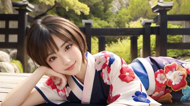 (8k, RAW Photos, Highest quality:1.2), (reality, reality的:1.4), (非常に詳細な8kwallpaper)、Sharp focus, Cinema Lighting, Beautiful eyes in every detail, Asymmetrical bangs, Glowing Skin, Highly detailed skin ,High resolution, Attention to detail, Detailed hairstyle, Ultra detailed face, Detailed lips, Hyper Real, Perfect limbs, Perfect Anatomy ,1 Japanese girl,Famous idols of Japan, Perfect female body,smile,short eyelashes,double eyelid、Look straight here,, whole body ,Tabletop、wallpaper、reality的、Bright lighting、Professional Lighting、Face Light Smooth Lighting、Beautiful woman、action、gravure、Sexy、so beautiful、Beautiful Skin、slim、((short hair))、((Brunette Hair))、Brown eyes、Looking into the camera、Small Bust、Pretty face,, smile, Hot spring background for hot spring inn, 超High resolution, Backlight, Top-down angle、Accurate 5 fingers, software , Bony body, Messy Hair,(High-quality yukata in vibrant colors:1.3), (Gorgeous embroidered kimono:1.3)、(You can see the torii gate.)、(Sitting on a rock in the garden)、Pull out