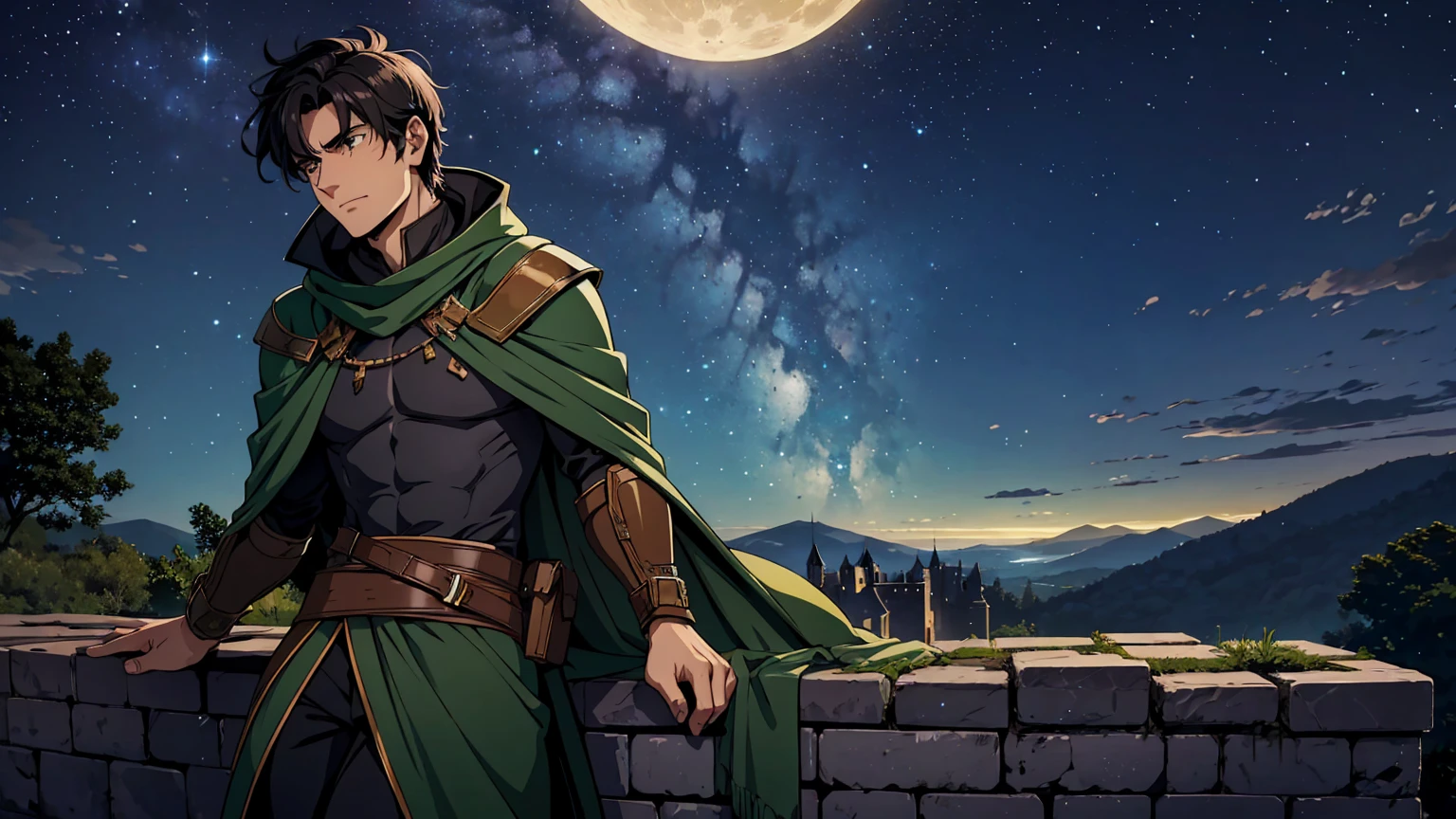 A rugged male adventurer with short dark hair, relaxing on the edge of an ancient castle's balcony under a starry night sky. He is wearing worn leather armor with a dark green cloak draped over his shoulders. He leans back against the stone wall with a relaxed and content expression, one leg stretched out and the other bent, gazing up at the expansive night sky filled with countless stars and a bright, glowing moon. The castle is partially in ruins, with ivy creeping up the stone walls, adding to the sense of ancient mystery. The atmosphere is calm and peaceful, with a gentle breeze rustling the leaves and the soft sounds of night creating a serene and contemplative mood.