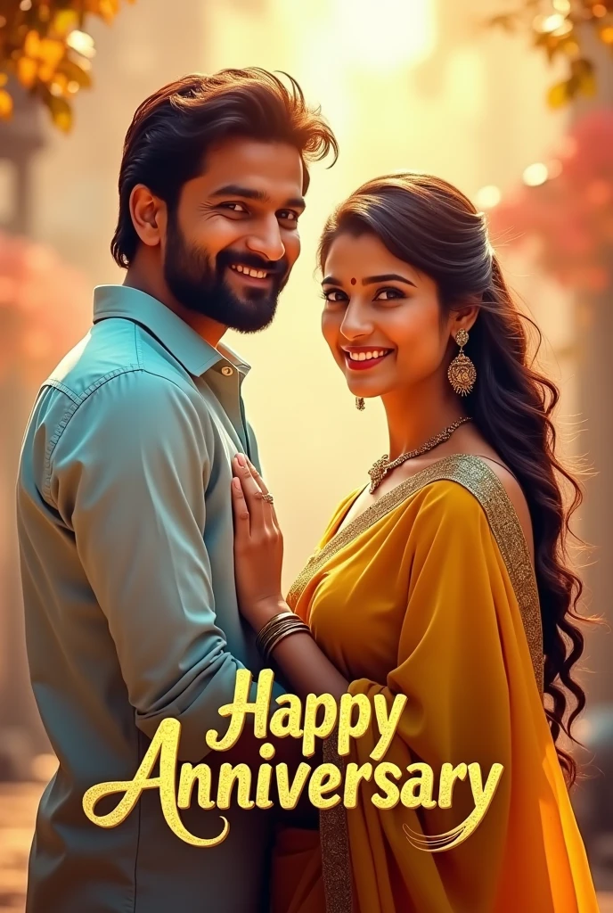 Telugu movie poster. Movie name ' Happy Anniversary '. Love. Both looking camera. Female wearing yellow blue designed saree.