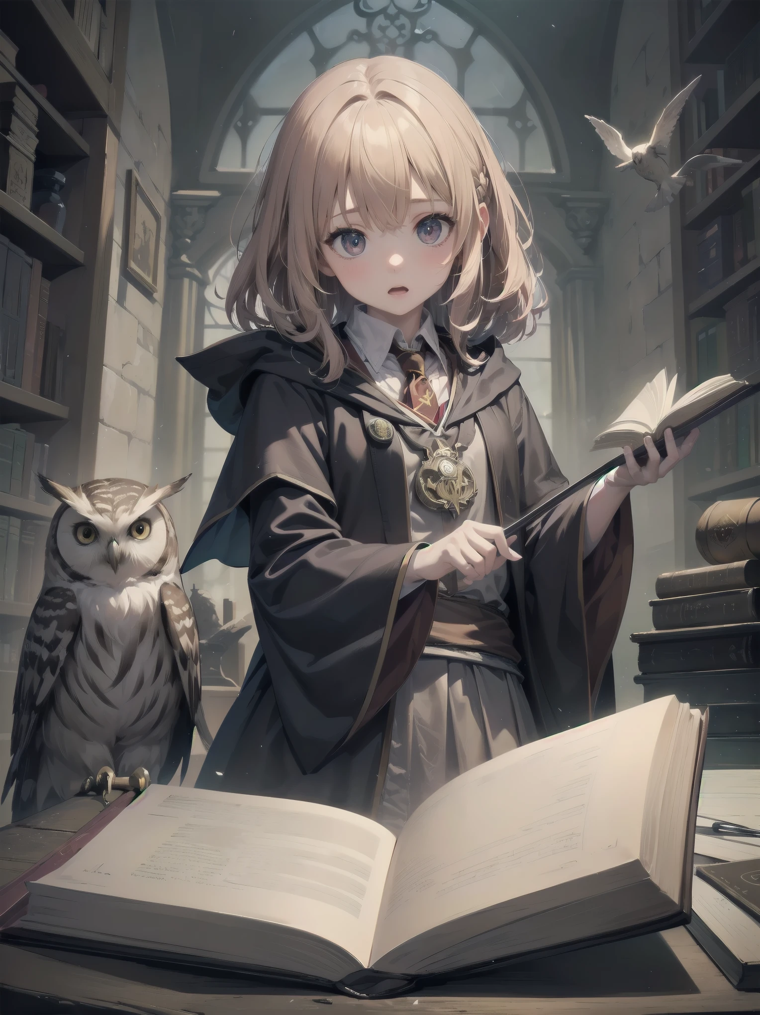 Masterpiece, Top Quality, Absurd, High Resolution, Subject Seismic, Animation Style Illustration with Mock Pause, 1 Girl, Solo, Cute random hairstyle, beautiful random expression and face, random age, slender, random clothing for situation,wizard robes, wand, magical castle, owl, spell book, (Hogwarts: 1.2), magic, wonder, (Harry Potter inspired: 1.3), mysterious atmosphere, details