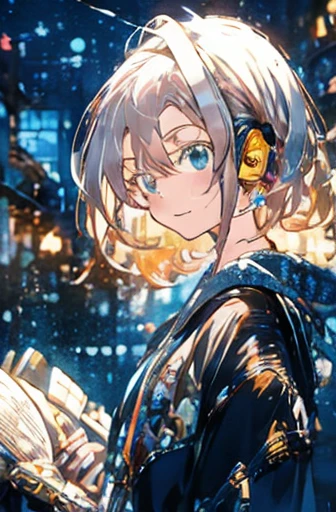 Draw a scene of someone relaxing in a spacious bedroom. The character is a short, bob-haired woman with silver hair wearing a pastel-colored hoodie, wearing headphones and reading a book. The background has three large windows with a full moon and a starry sky. I would like a vibrant color and anime style. Please also add floating magical lights around the character.