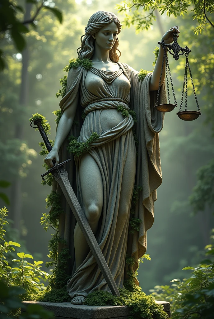 The statue of the goddess Themis, which has long been abandoned and has many leaves, holds scales in her right hand and a sword in her left hand.