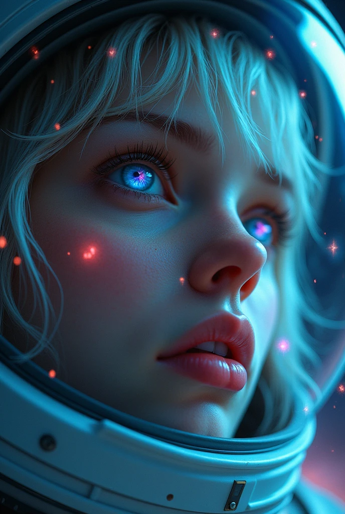 (Close-up of a better masterpiece:1.5)0.9], (Space and astronauts:1.2) (Messy silver hair:1.1) (Heterochromia xanthochromia and blue eyes:1.2) (Space Helmet:1.0) (Colored stars in the eyes:1.0) (A radiant glow:1.1) (thick lips:0.9)