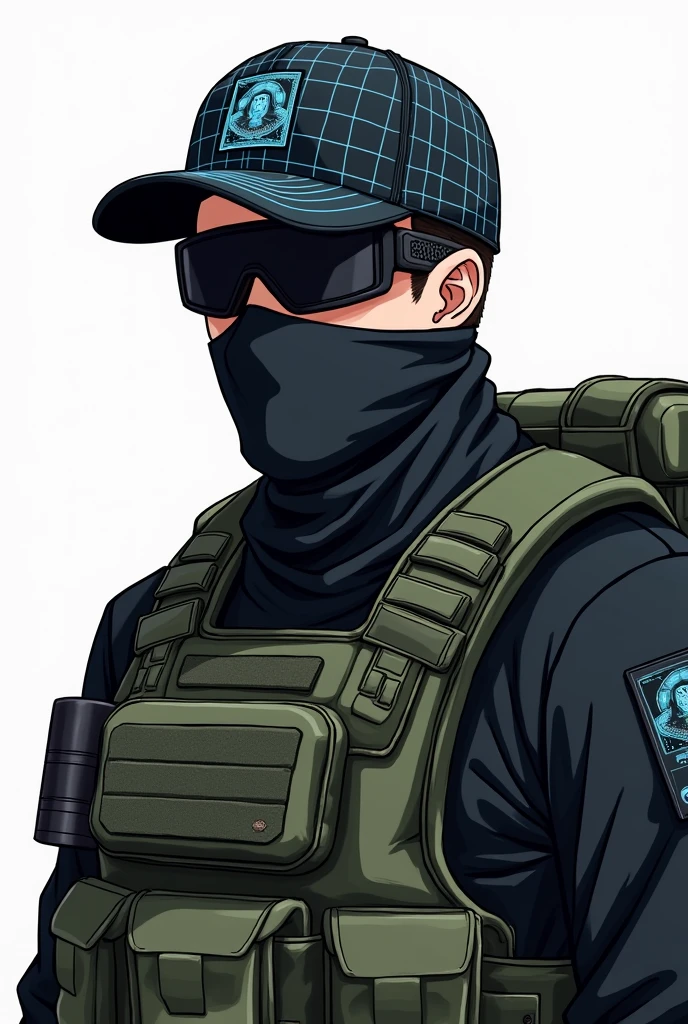 man with a cap, Ski mask, buff, black motocross goggles, black clothes, tactical clothing, camo green vest, drawing style, anime. Cap with a holographic grid design